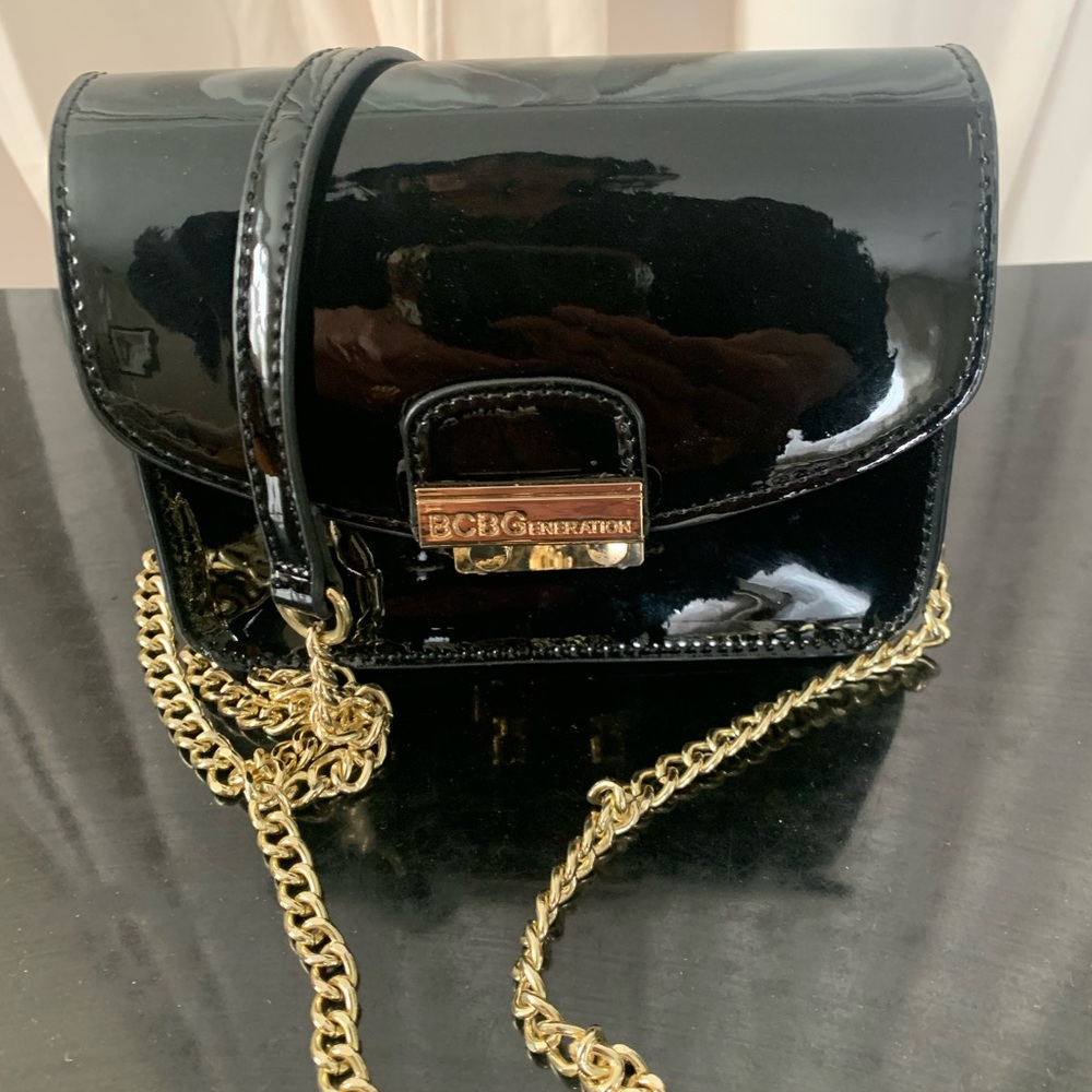 BCBGeneration Glossy Black Mini Bag with Gold Chain